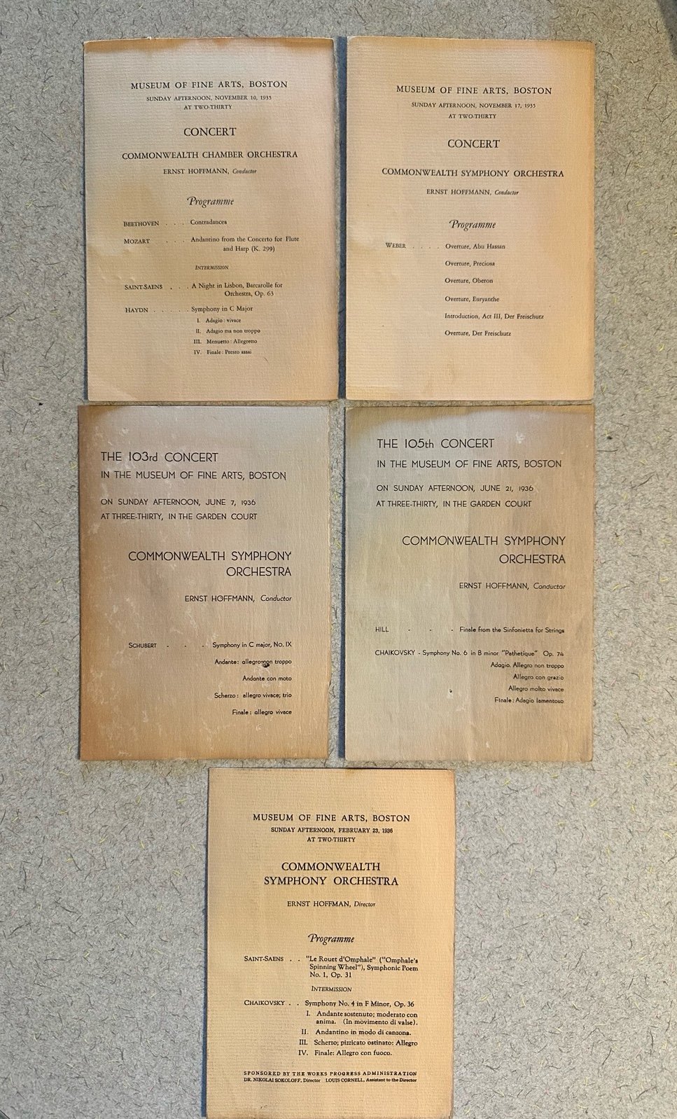 Antique 1930’s 5 Museum Of Fine Arts Symphony Orchestra Programs Hoffman Mozart