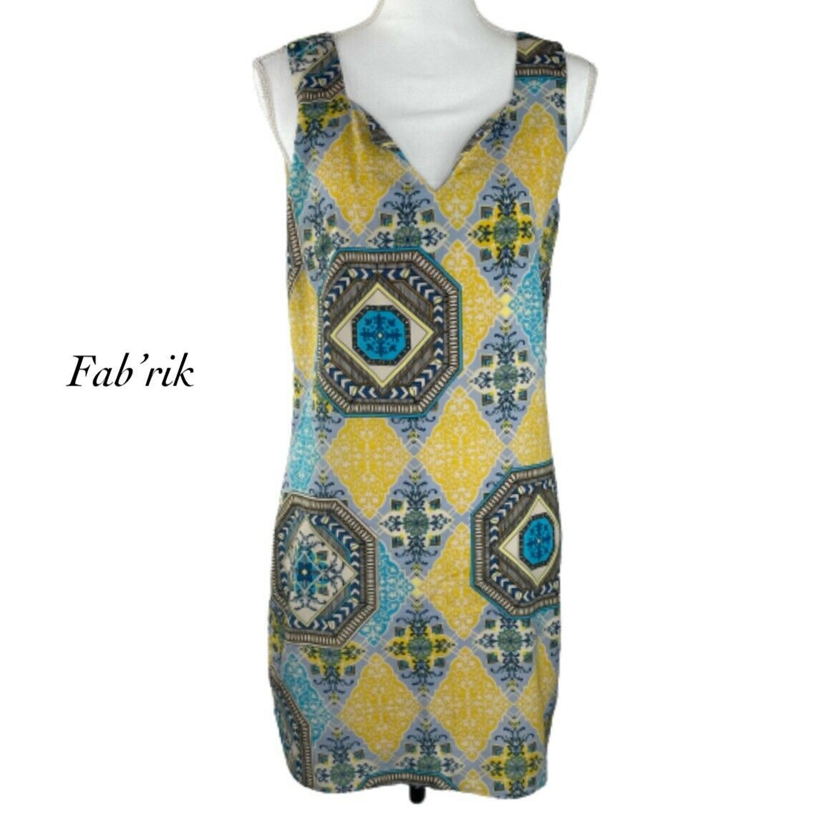 Fab’rik Yellow Blue Sleeveless V-Neck Sheath Dress Size M
