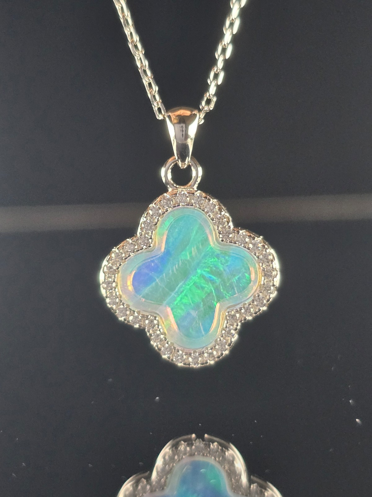 Opal clover rhodium solid 925 sterling silver necklace