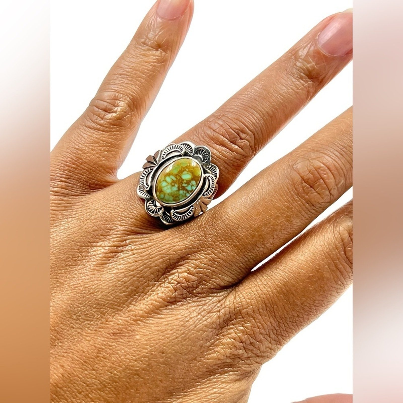 Antique Sterling Silver Handmade Turquoise Southwestern Stamped Oval Ring Size 7