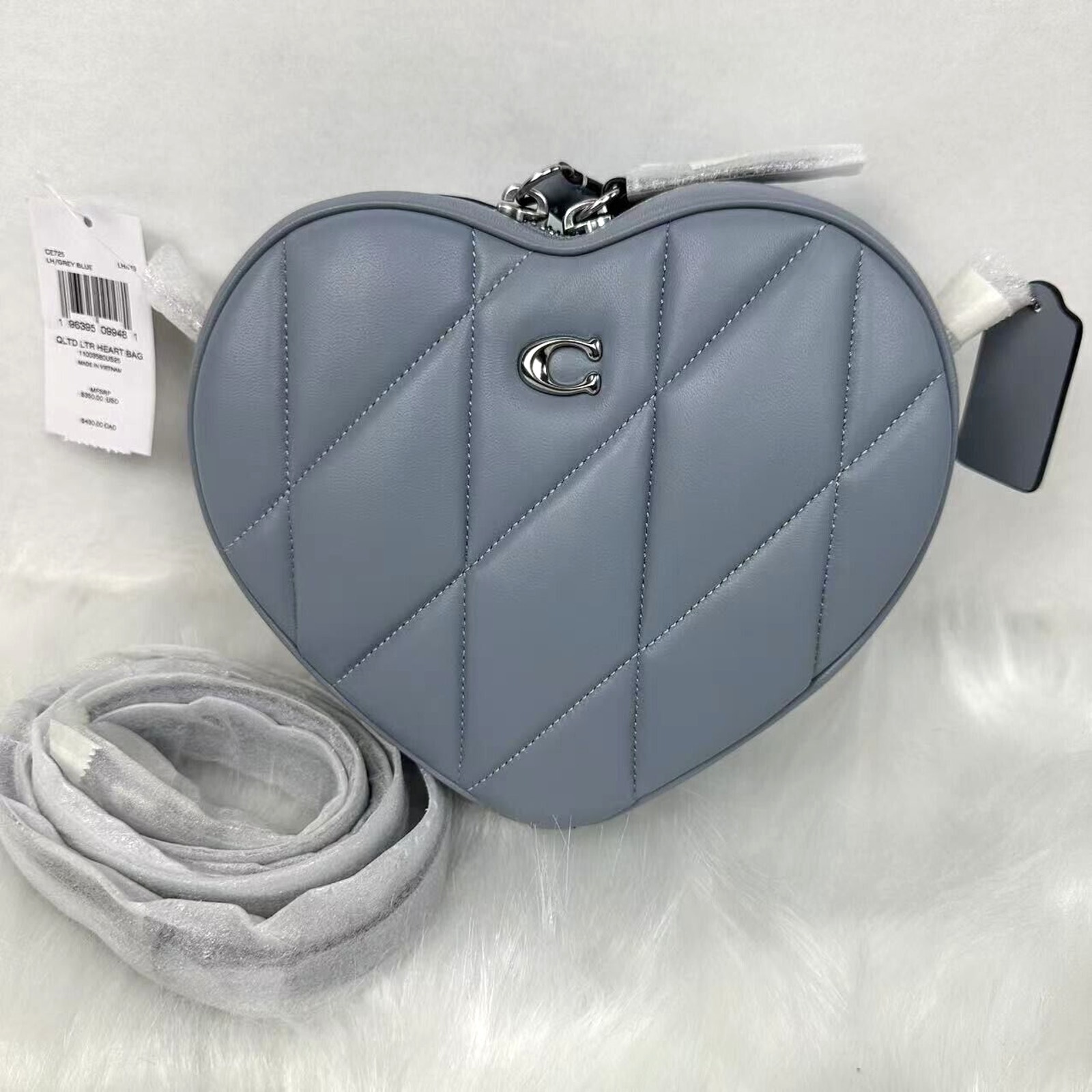 Coach Heart Crossbody With Quilting Nappa Leather In Silver Grey Blue CE725 NWT
