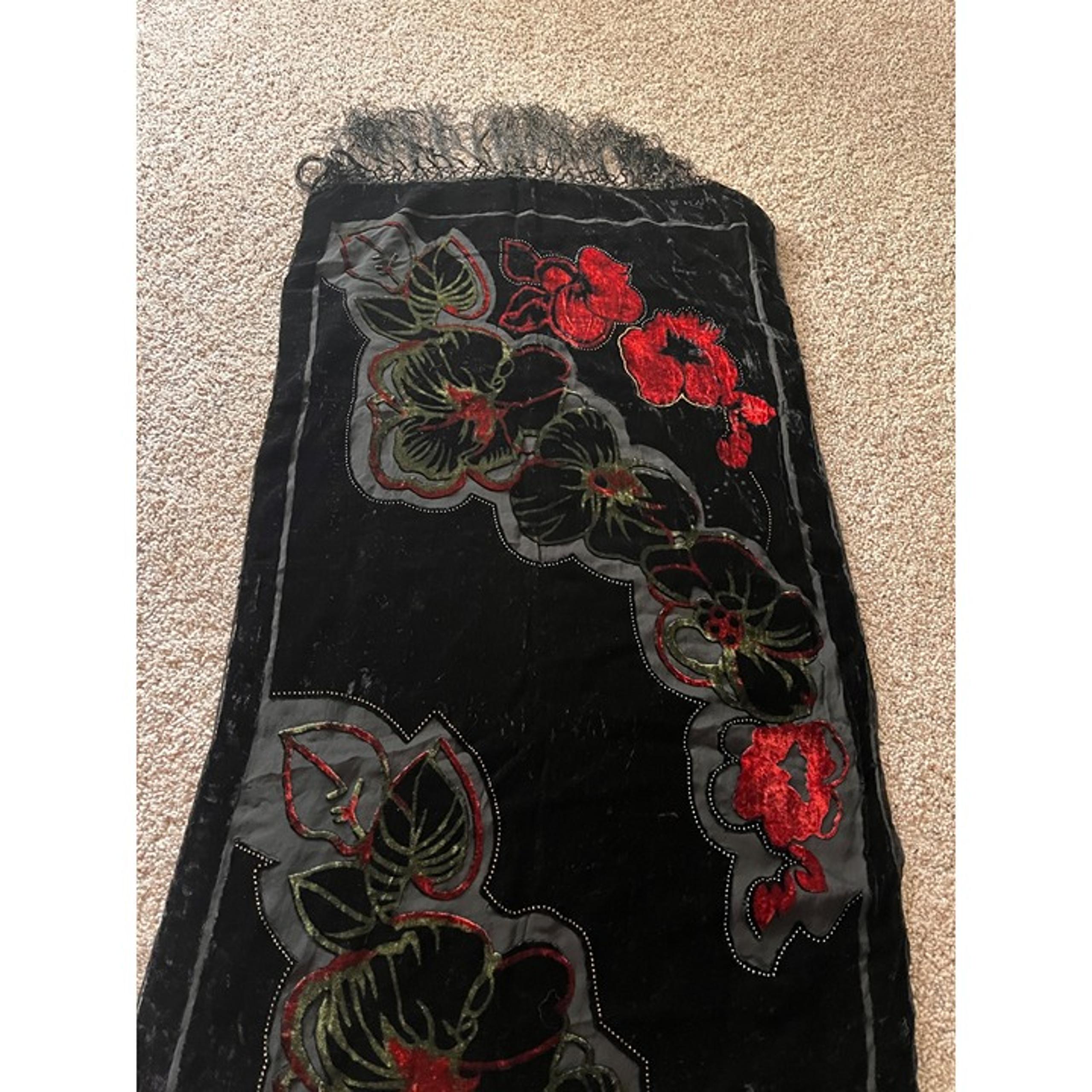 Vintage black sheer scarf with embroidered pattern of red flowers