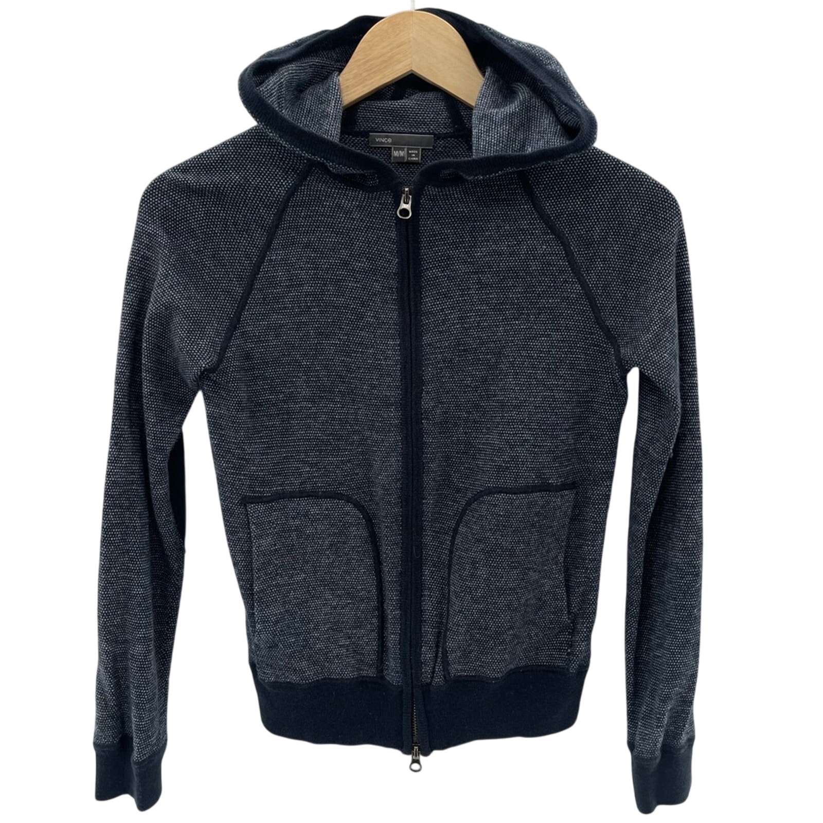 Vince Full Zip Cotton Blend Navy Hooded Sweatshirt Elbow Patches Size Medium