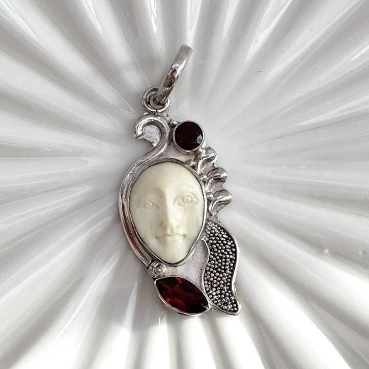 Sterling Vintage Moon Face Goddess Face Bison Bone Balinese Garnet Onyx Pendant