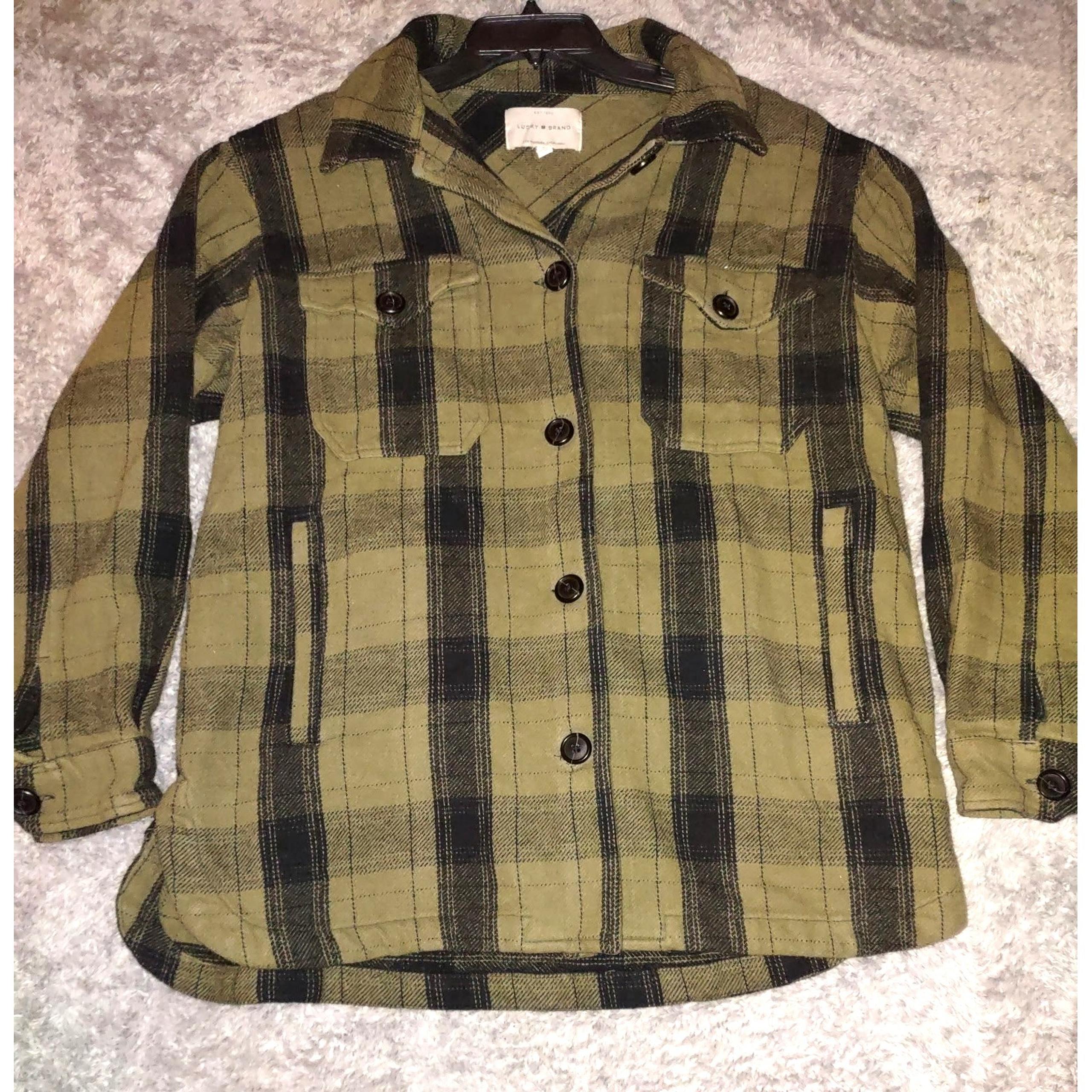 Lucky Brand Women's Olive Green Plaid Button Down Shirt Jacket Shacket Medium