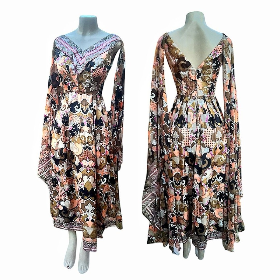 Vintage 1970s Robert W. Gates Abstract V neck Dress with draped material Sz S