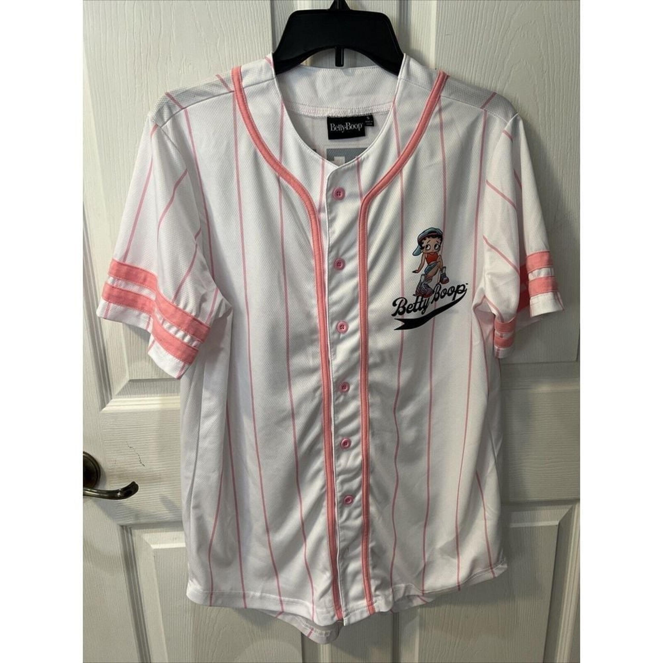Betty Boop Pinstripe Button Up Baseball Novelty Jersey Pink White Stripe Size Sm