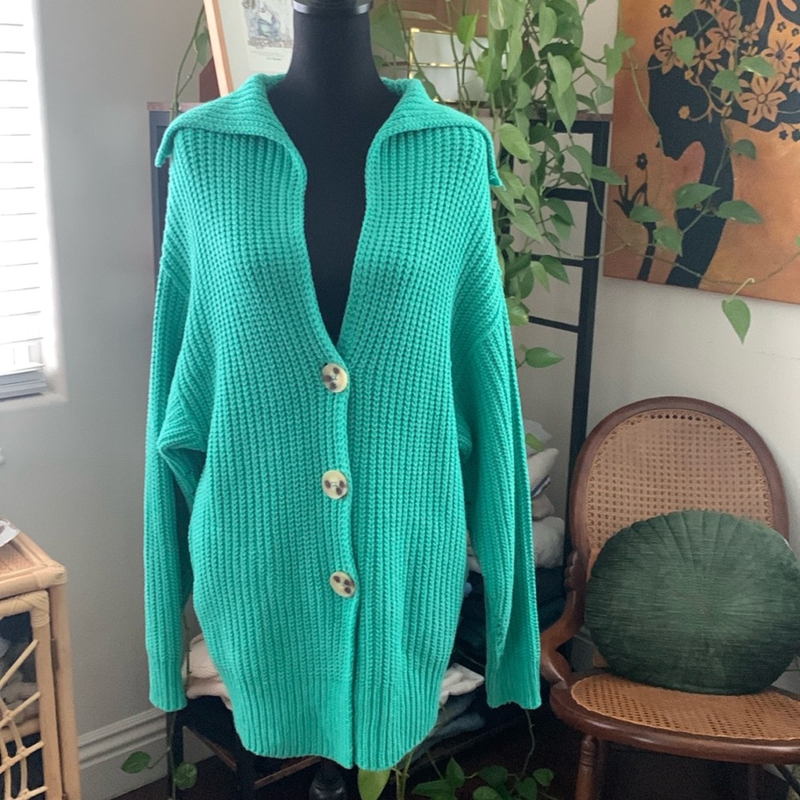 NWOT Free People Swim Too Deep Lucky Green Button Down Cardigan