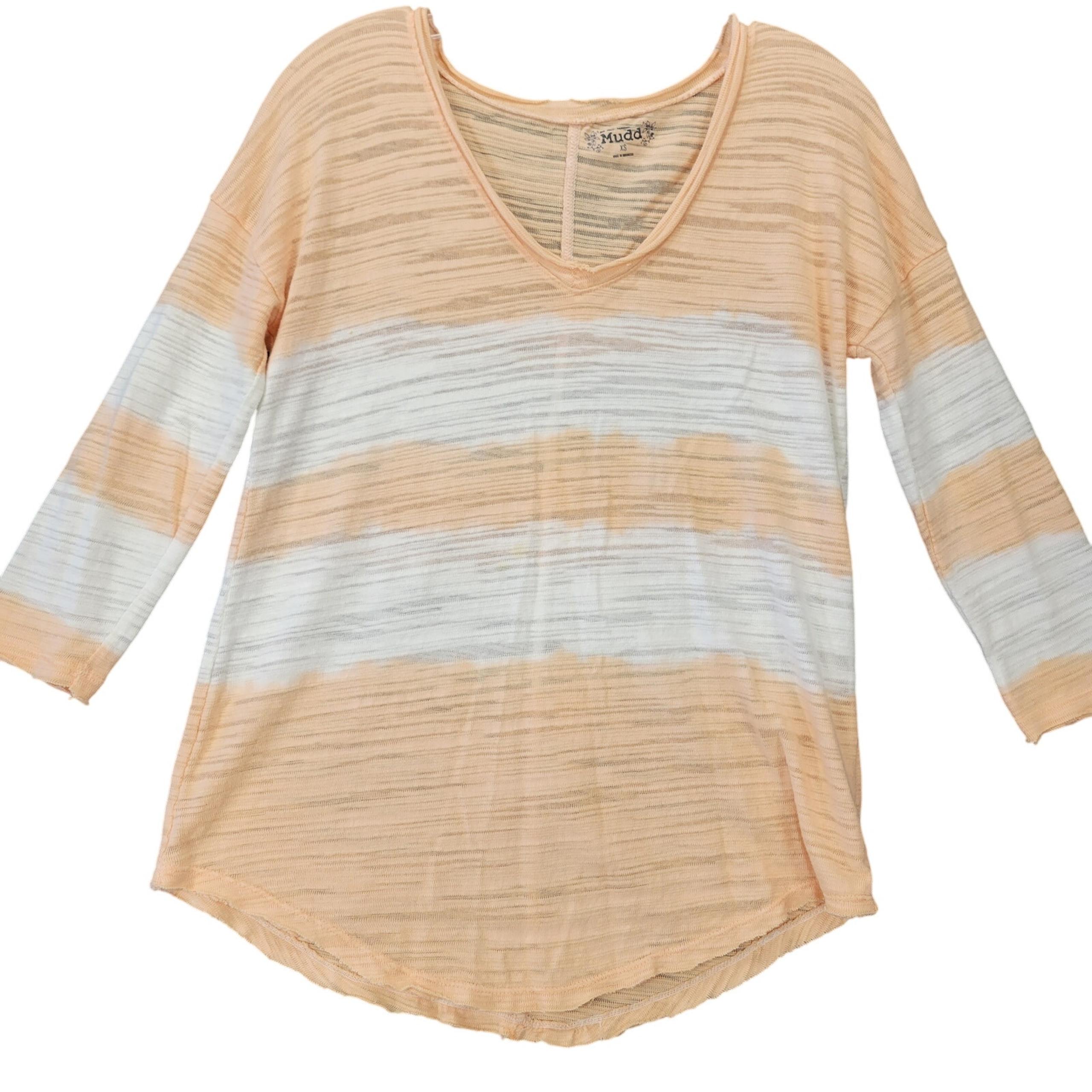 Mudd Orange Shirt Preppy White Stripe Classic 3/4 Sleeve Scoop Top Women Size XS