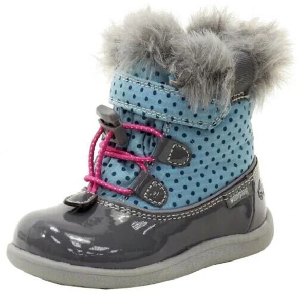 NEW See Kai Run Baby US 4 Abby Waterproof Blue Grey Polka Dot Faux Fur Trim Boot
