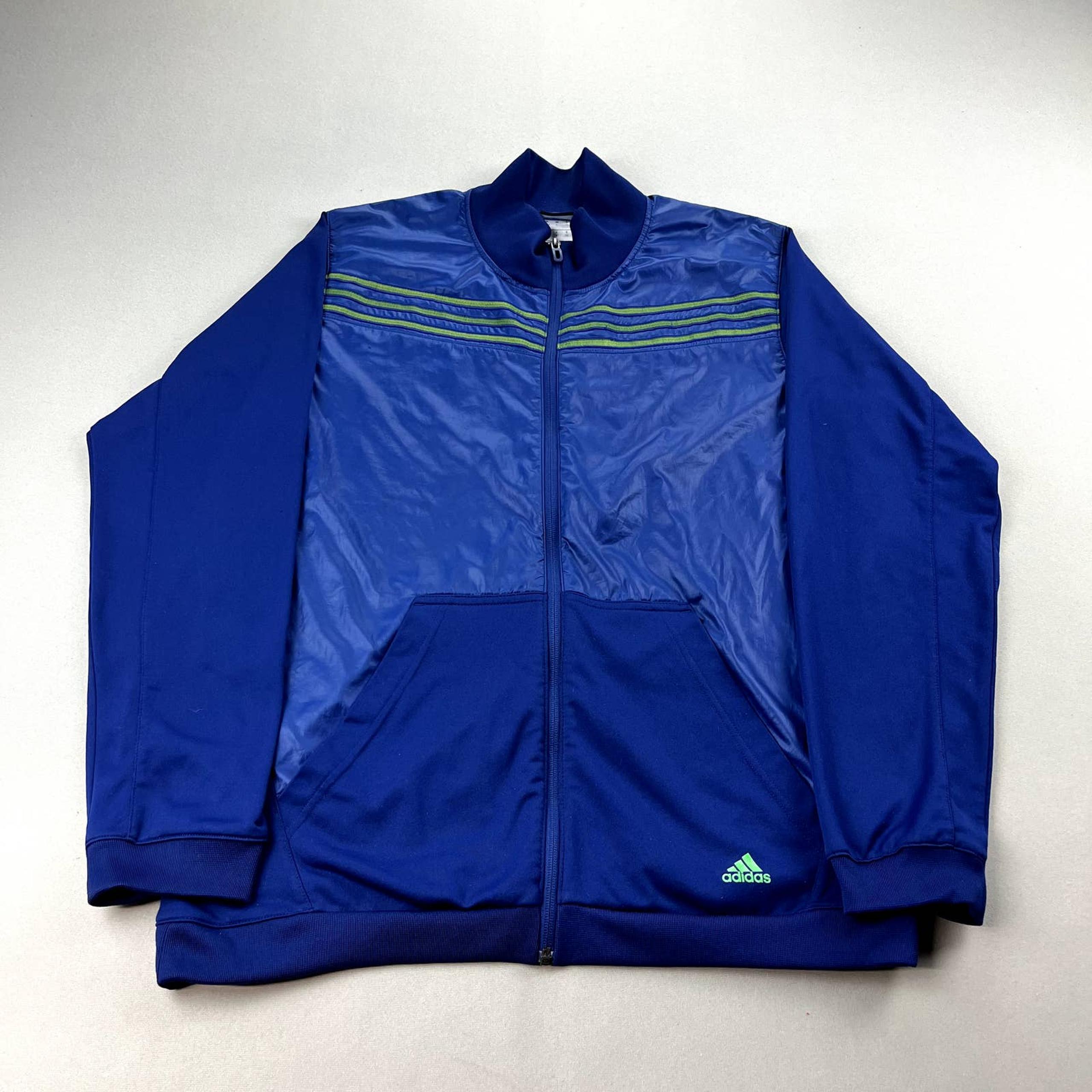 Adidas Track Jacket Mens Large Blue Green Warm Up Three Stripes Active Full Zip