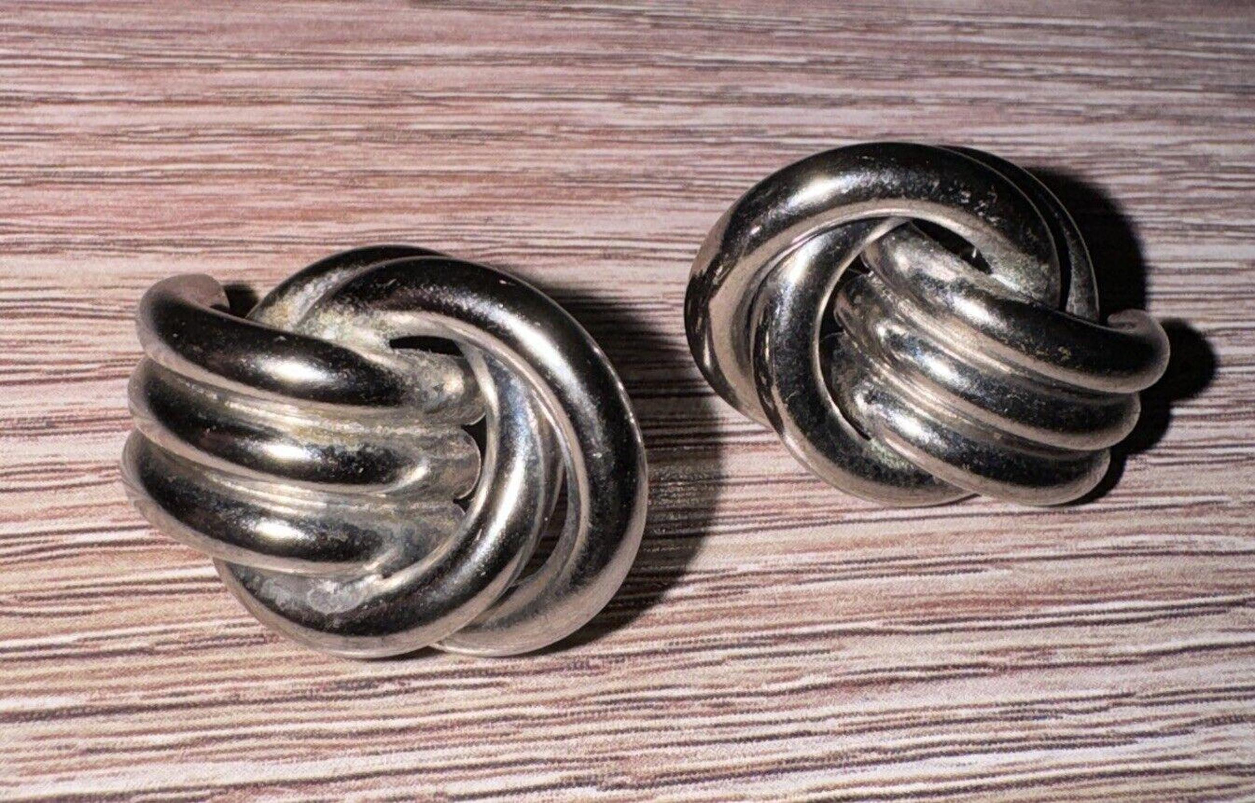 Silver Tone Knot Door Knocker Earrings Double HOOP TWISTED Clip On J4