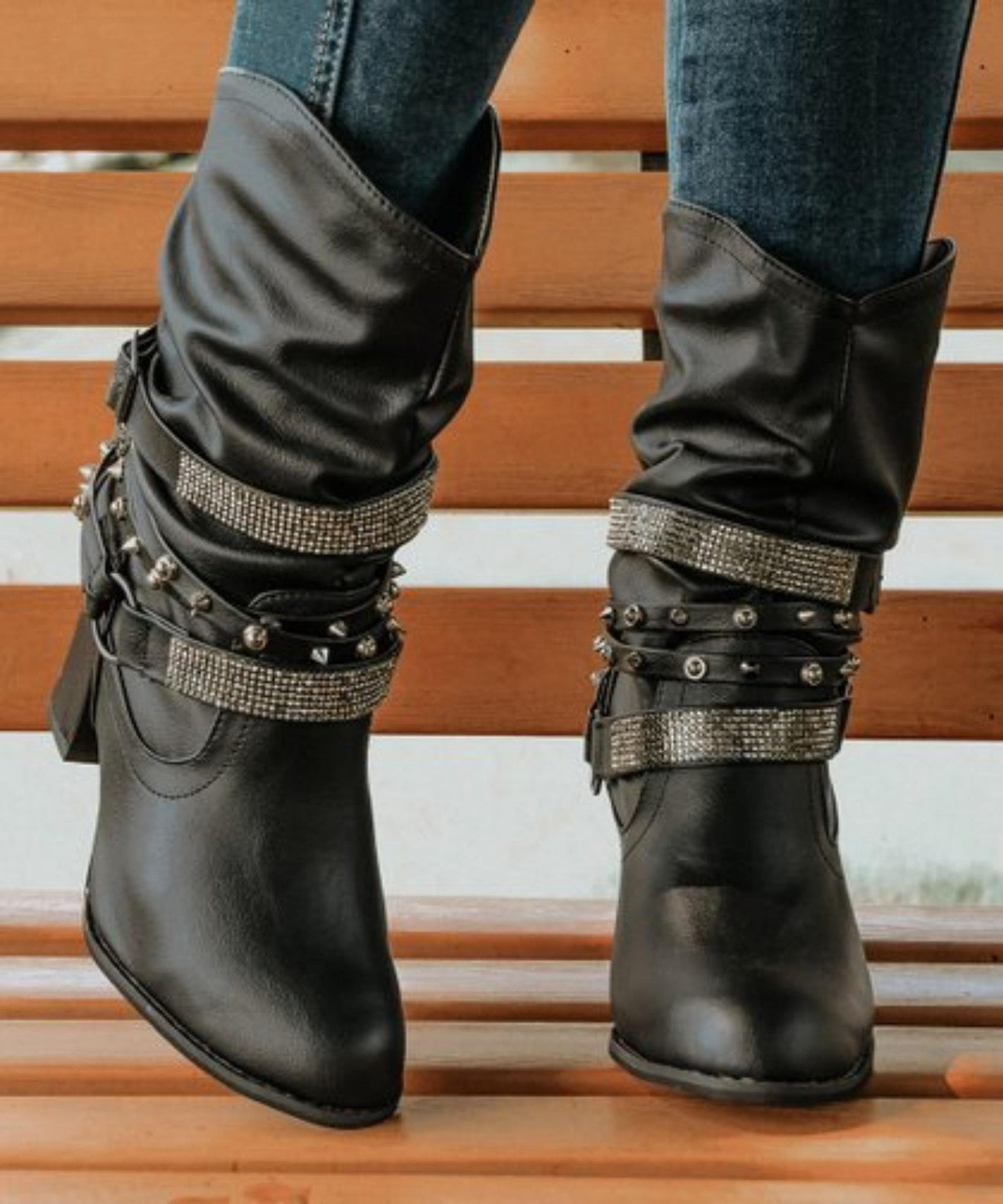 SALE!! Womens Faux Leather Slouchy Rhinestone Buckle Boots size 43/9