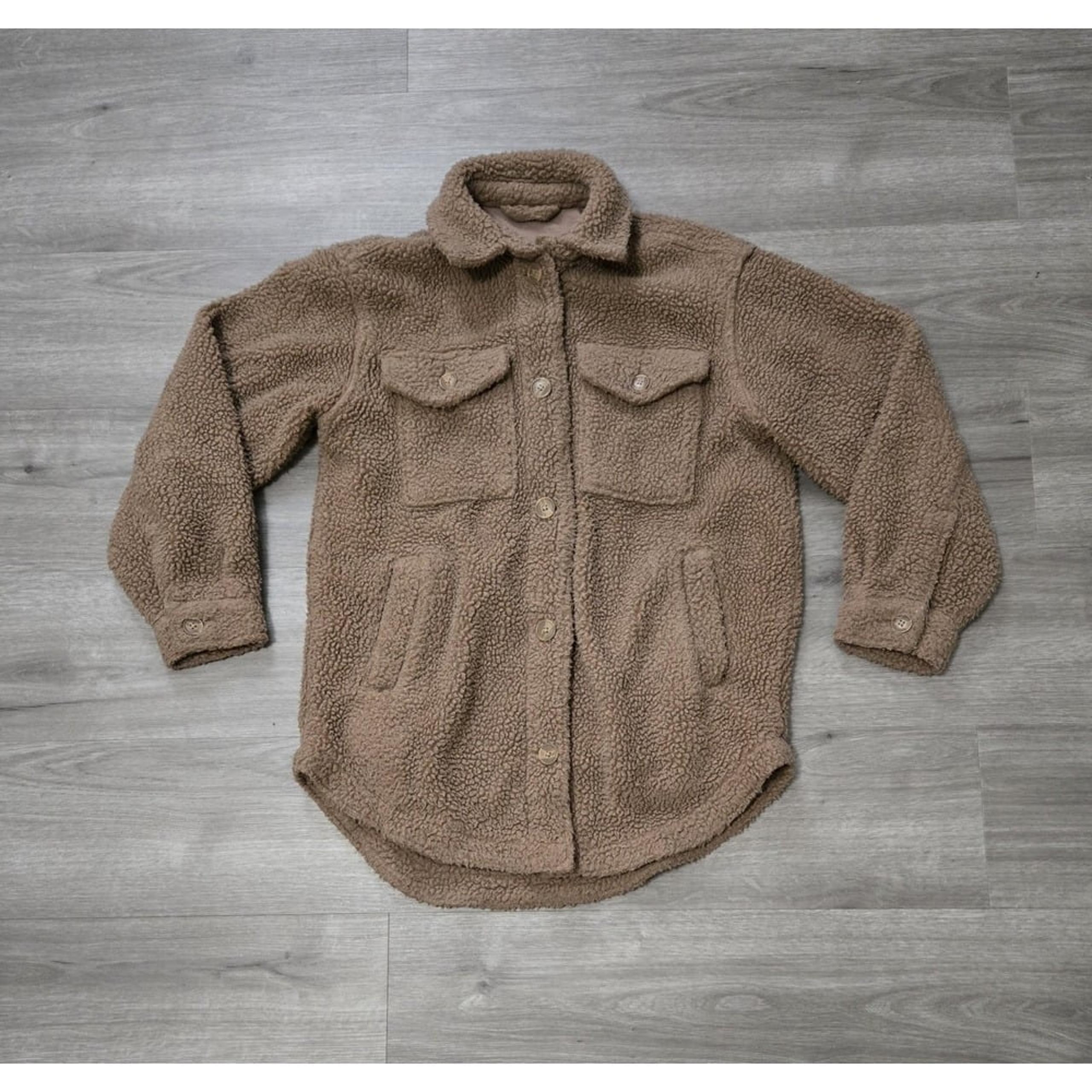American Eagle Sherpa Teddy Jacket Womens XS Brown Fleece Oversized Chest Pocket