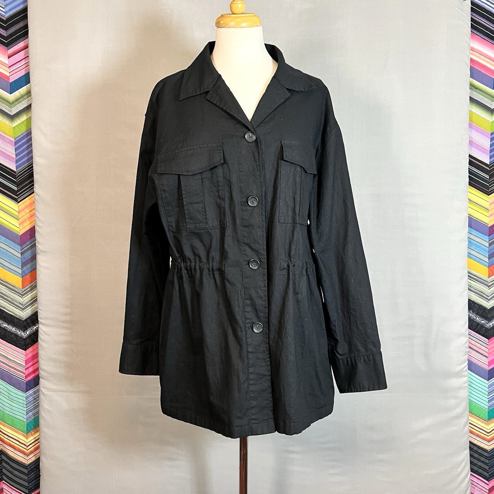 Uniqlo Utility Jacket Womens XL Cinch-Waist Black Linen Canvas Chore RN139864