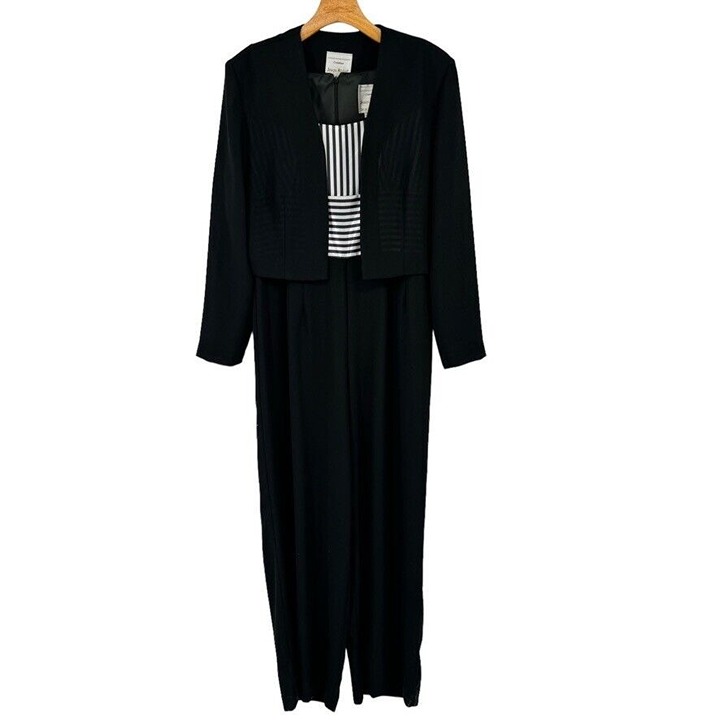 JOSEPH RIBKOFF Black Jumpsuit Pant Suit w/ jacket womens stripes size 10