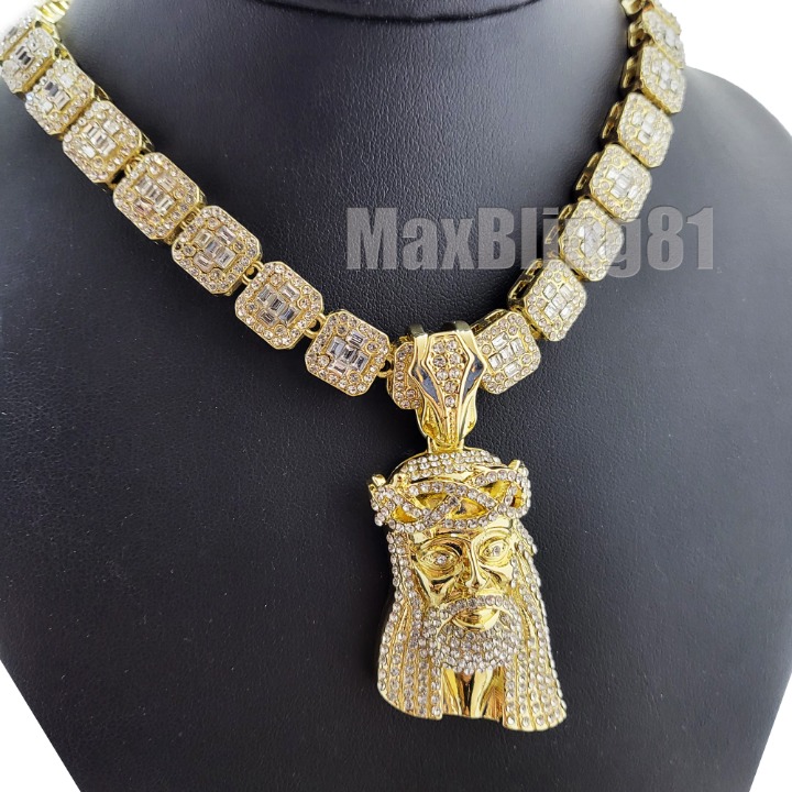 Hip Hop Gold Jesus Head Pendant &12mm 20 Iced Baguette Choker Chain Necklace