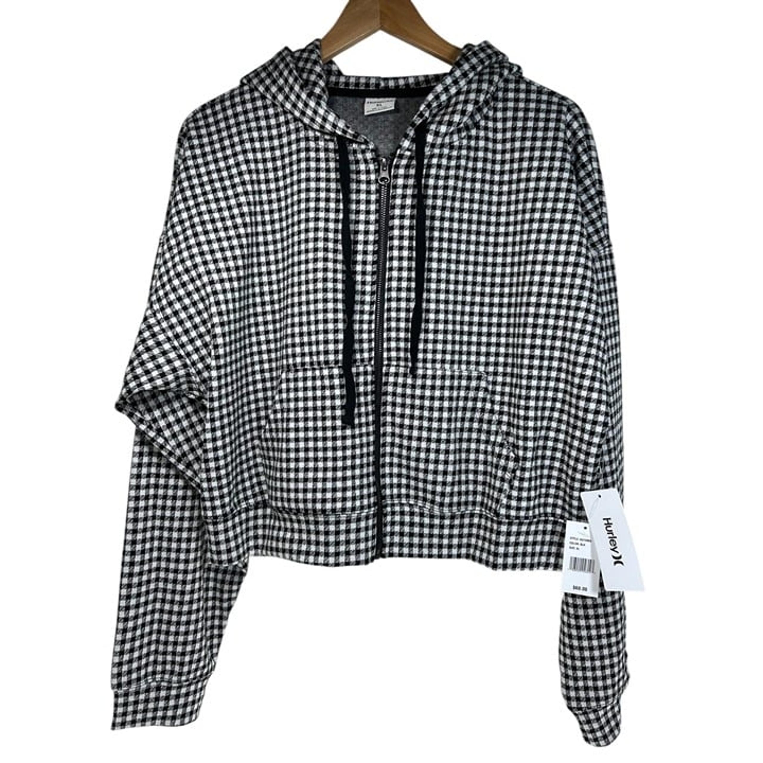 Hurley Hoodie Women L Black White Plaid Full Zip Cropped Jacket Cozycore Casual