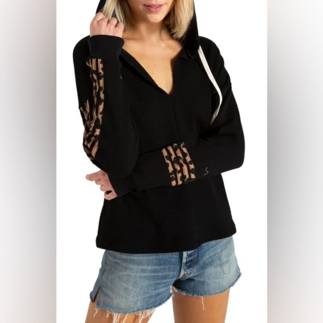 N:Philanthropy Winslow Sweatshirt Leopard Print Accents Black Pullover Hoodie- L