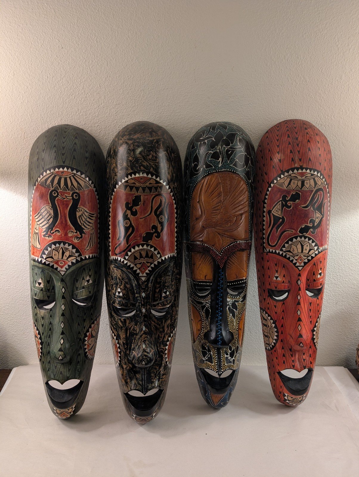 Vintage Set of 4 Indonesian Bali Hand Carved & Painted Wooden Masks 20 Long