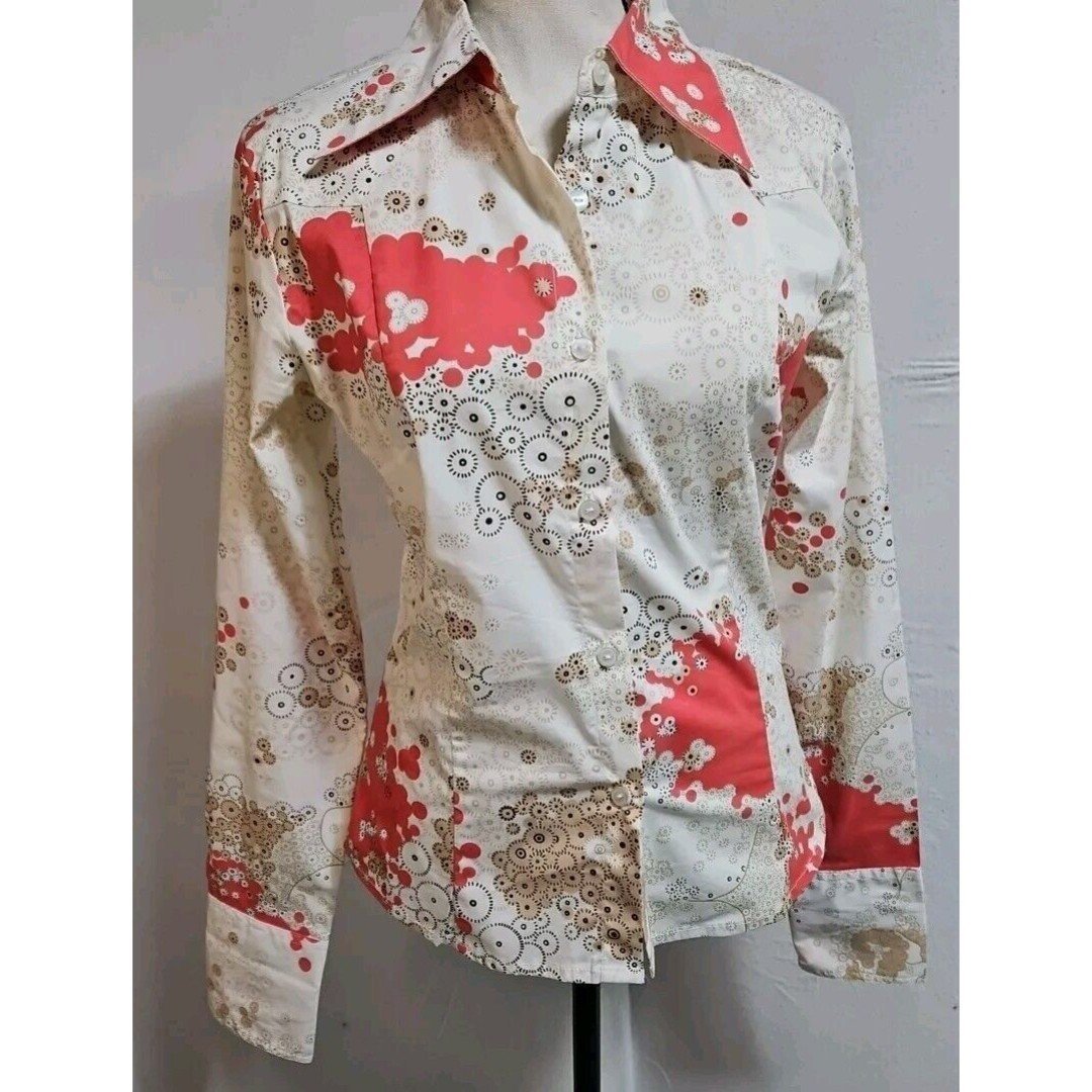 VILA Clothes ANISETTE FLOWER SHIRT Women wide collar Blouse Coral Tan-Size M