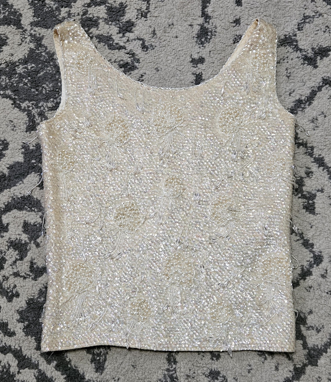 Vintage 60s Bead Sequin Fringed Mod Sleeveless Lined Wool Top Made In Hong Kong