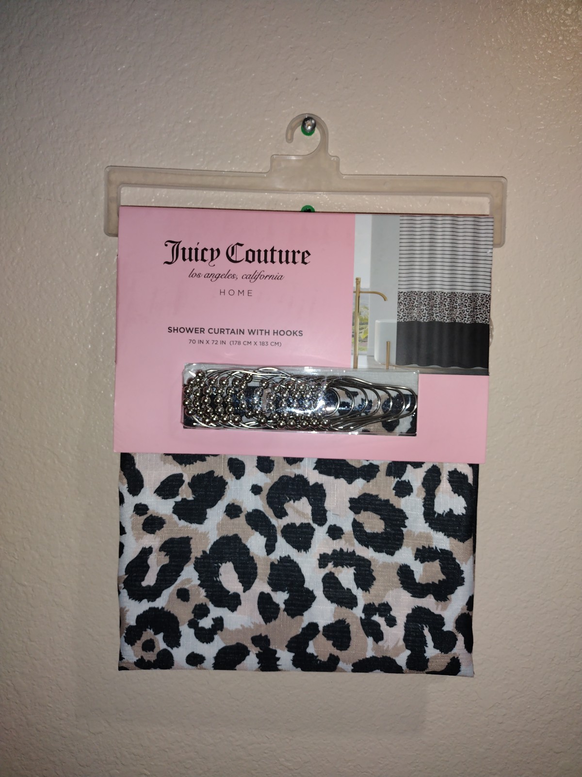 JUICY COUTURE SHOWER CURTAIN WITH HOOKS 70 X 72 JC LEOPARD SHOWER CURTAIN NEW