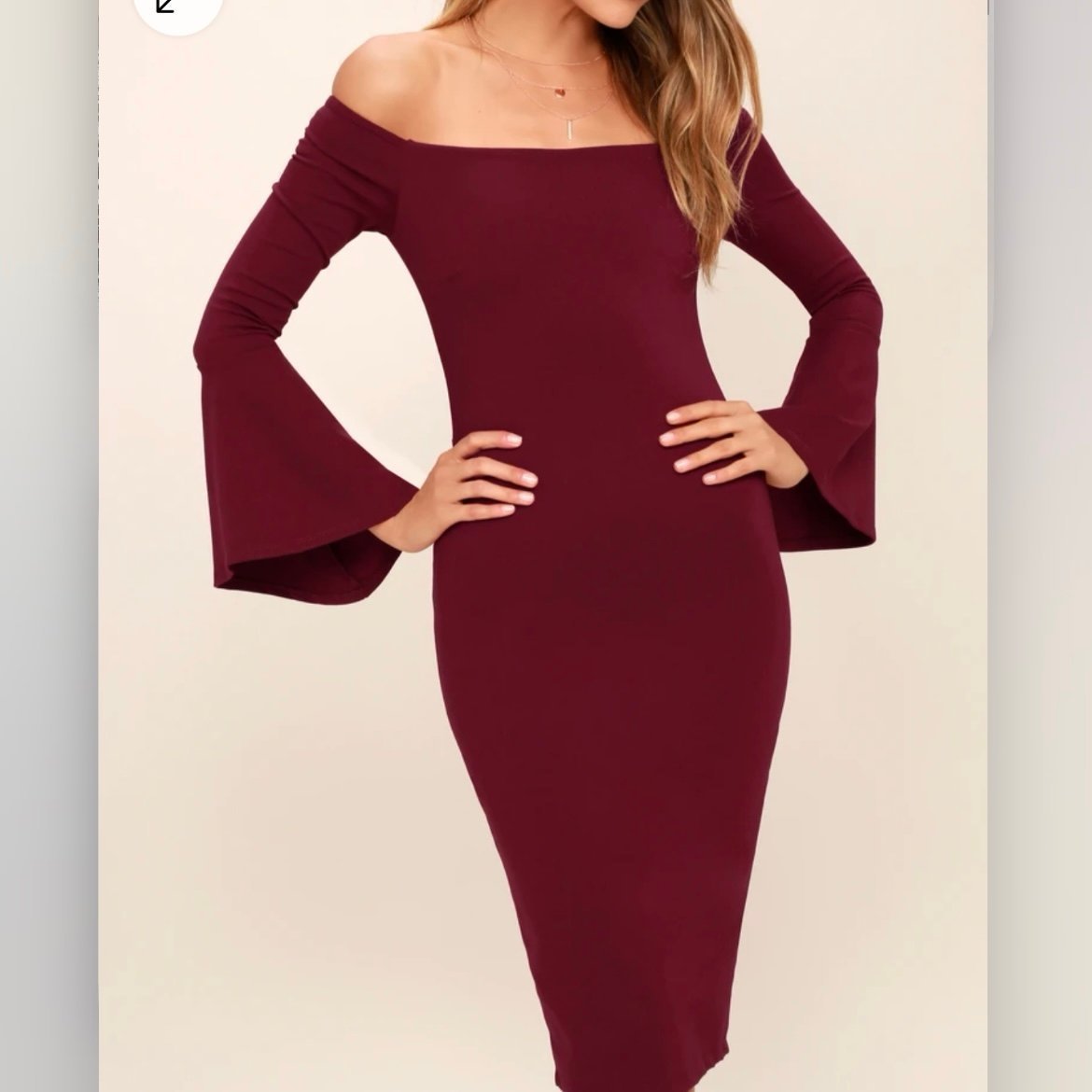 Lulus All She Wants Burgundy Off Shoulder Bell Sleeve Bodycon Midi Dress LARGE
