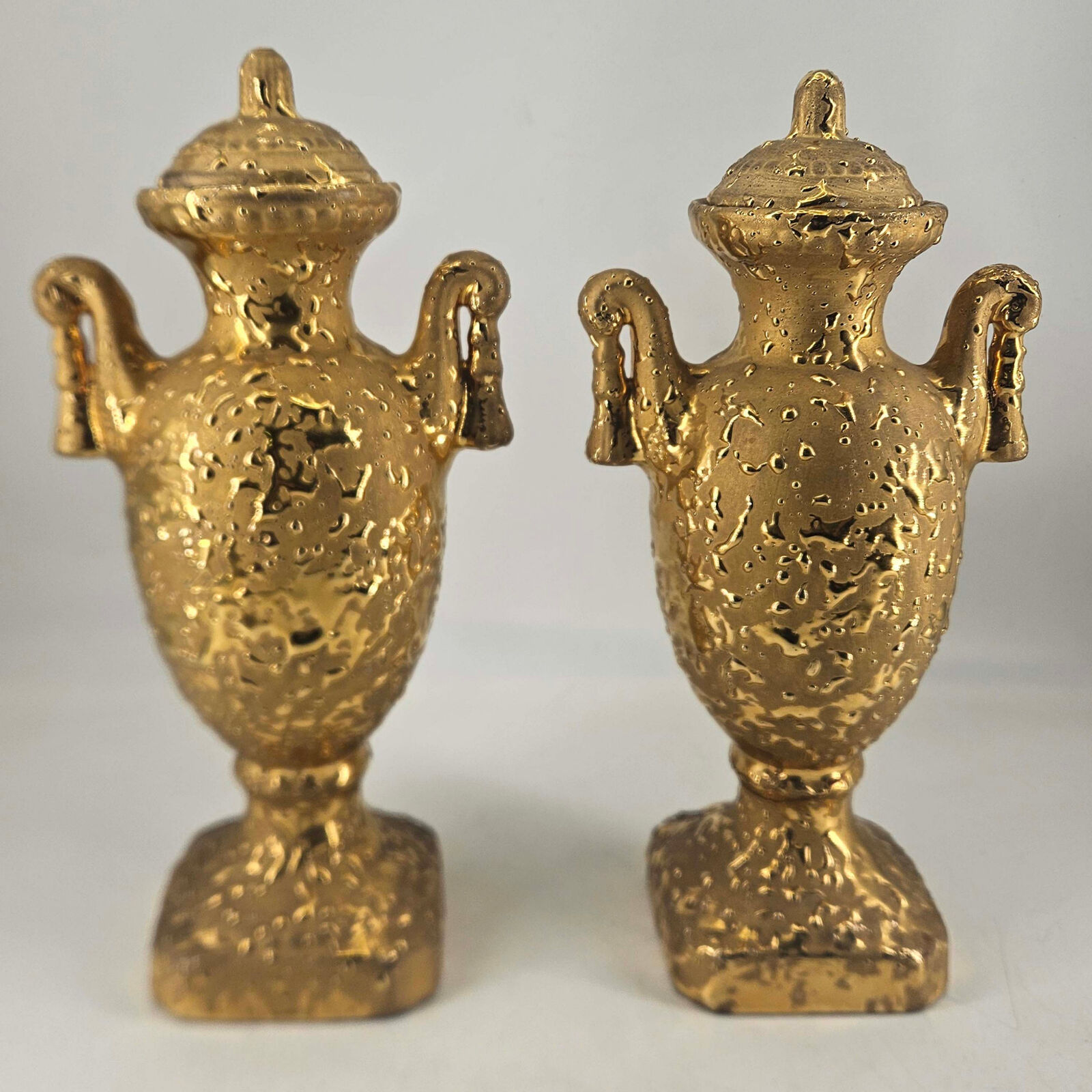 Vintage pair of tall ceramic Weeping Gold Urn Vase w Lid 22K 10