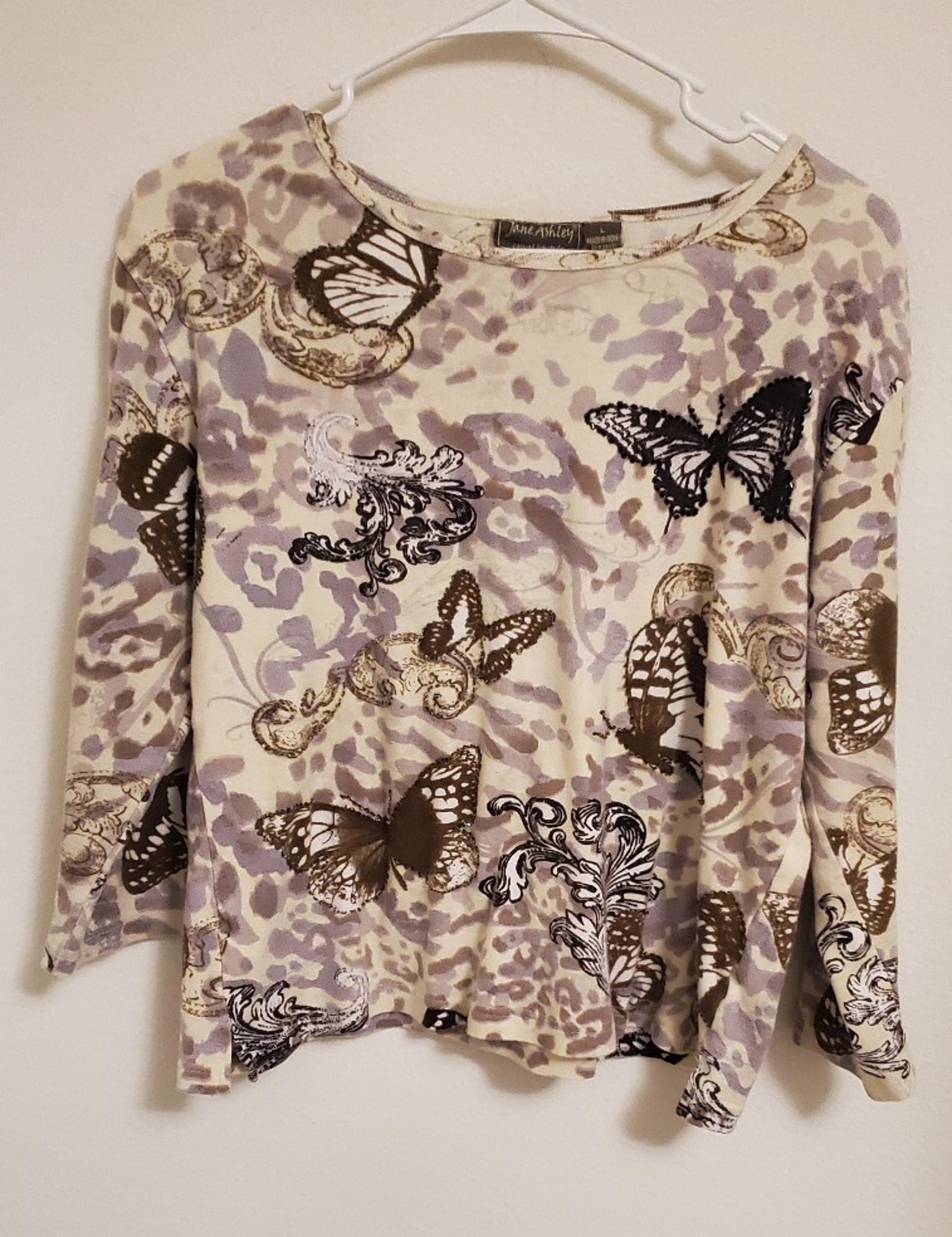 Vintage Jane Ashley Butterfly 3/4 Sleeve Top Size Large Y2K 2000s Whimsy