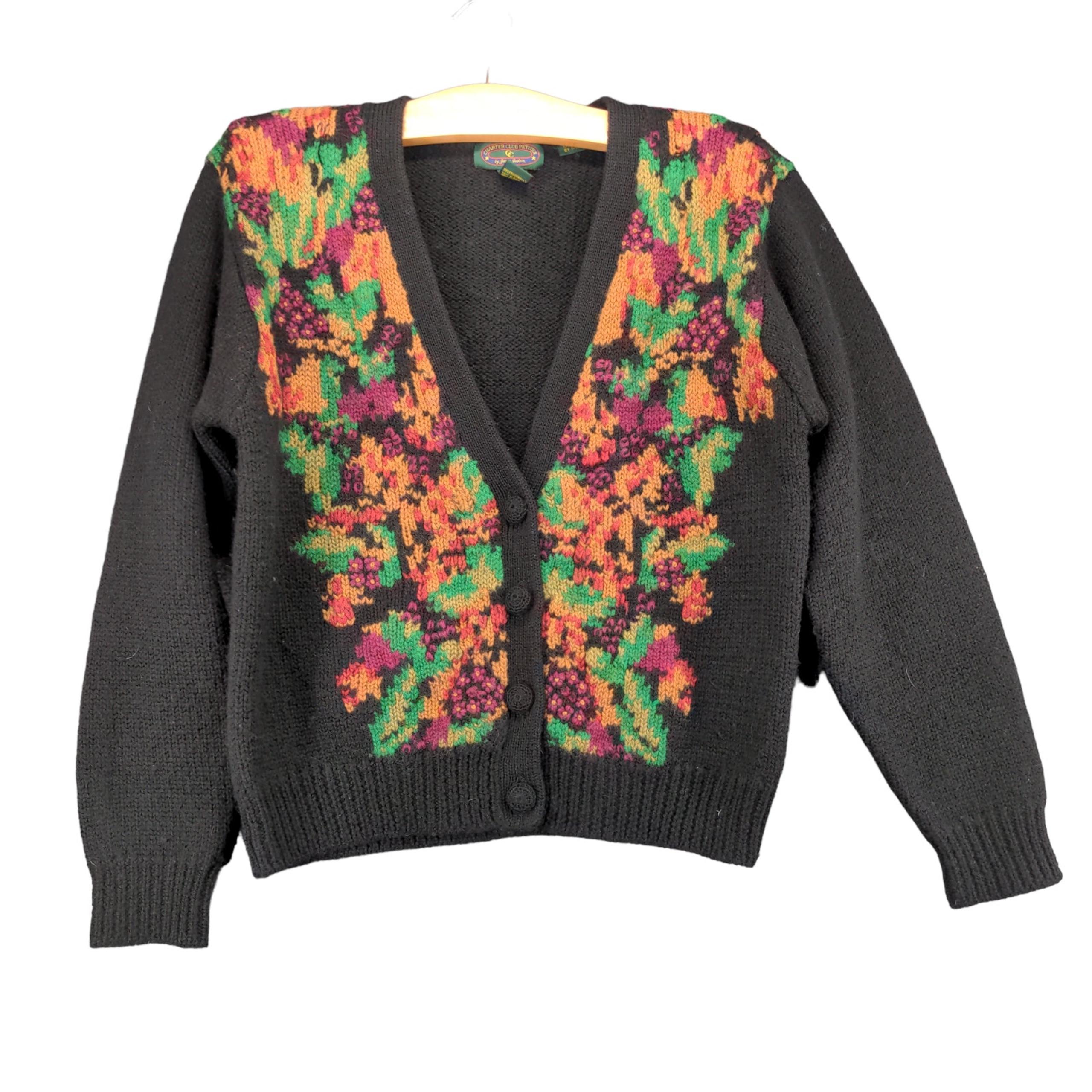Vintage Charter Club Petites Cardigan Sweater Womens Medium Knitted Wool Black
