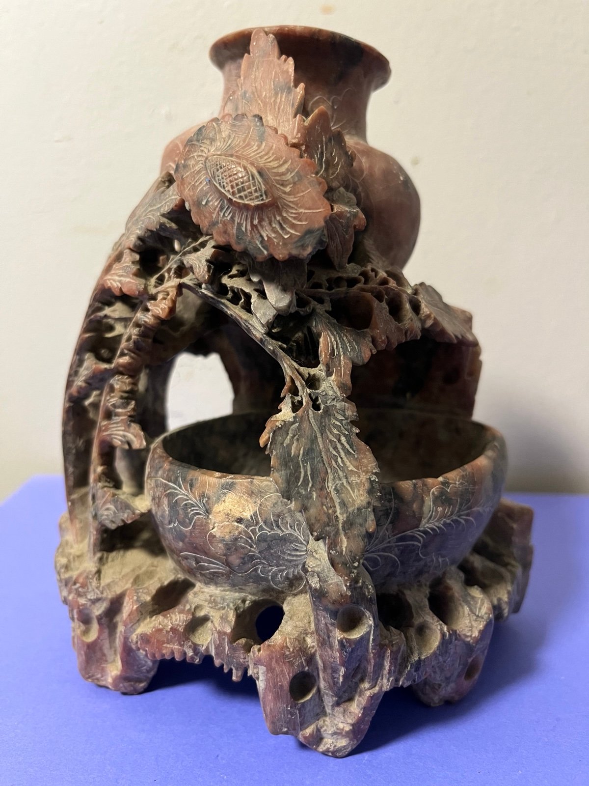 Antique Chinese Carved Soapstone Sculpture Rustic Flowers Water Bowl and Vase