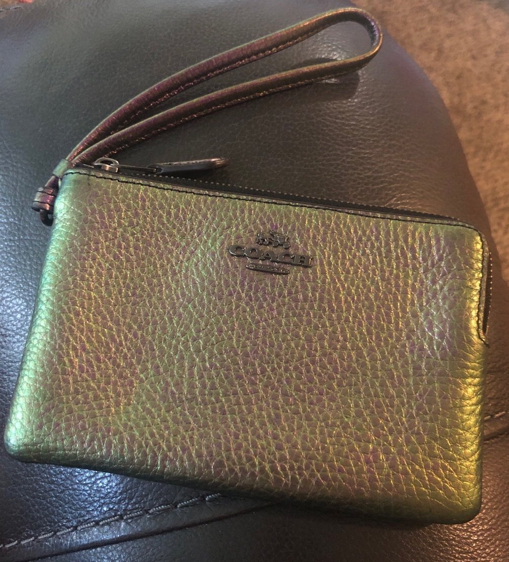 COACH Metallic Iridescent Hologram Oil Slick Leather Wristlet Wallet Coin Purse