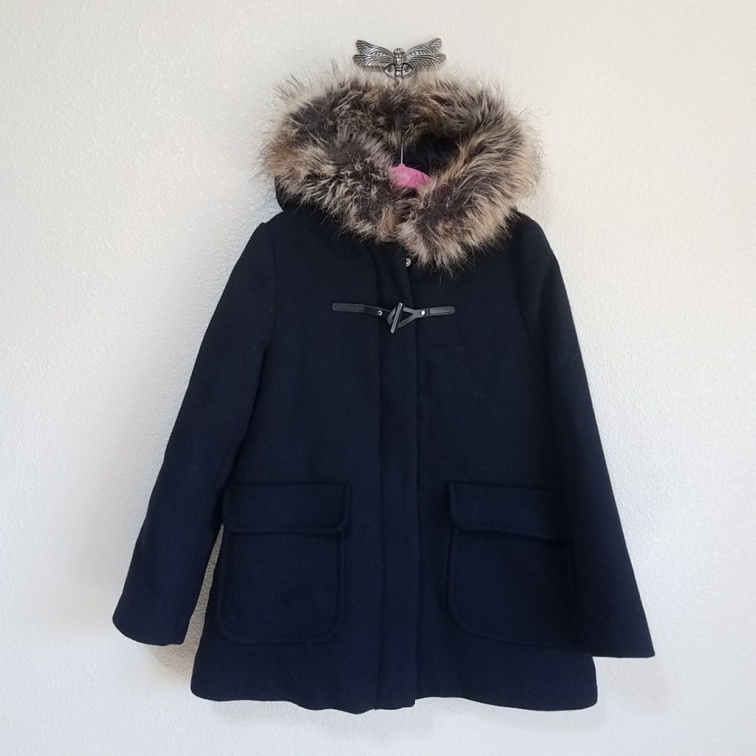 Zara Wool Blend Pea Coat Faux Fur Hoodie