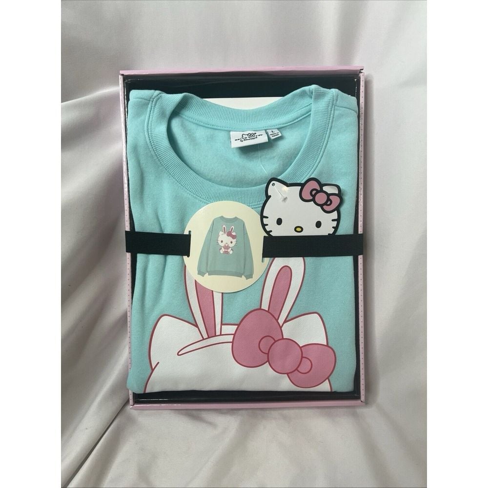 Hello Kitty Sanrio Womens L Lt Blue Pullover Sweatshirt In Gift Box Bunny NEW