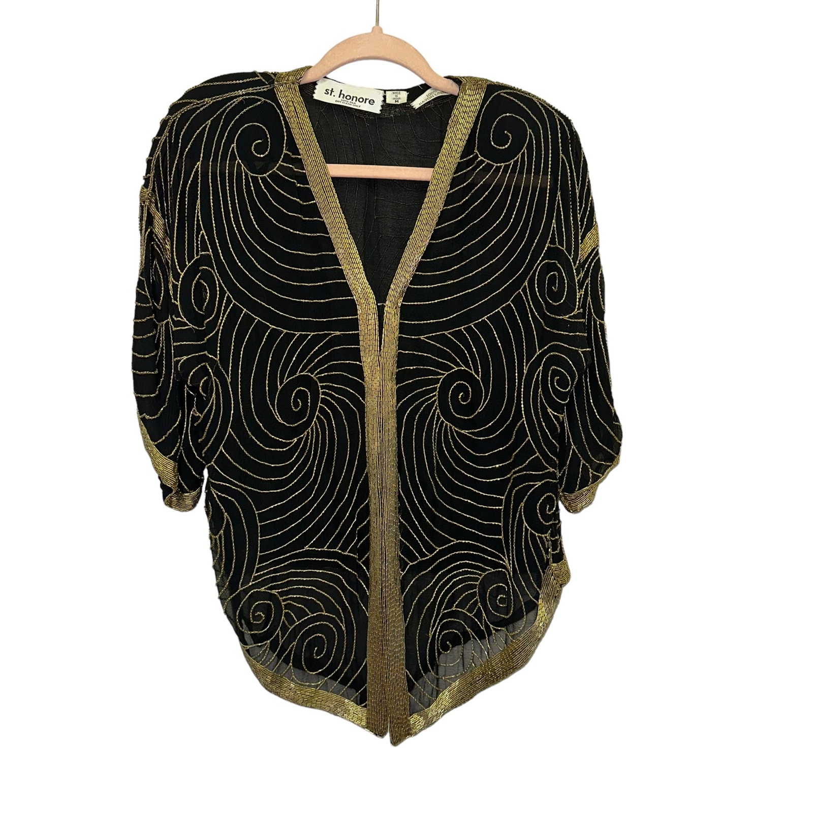 St. Honore Vintage Black & Gold Silk Beaded Flapper Jacket Top