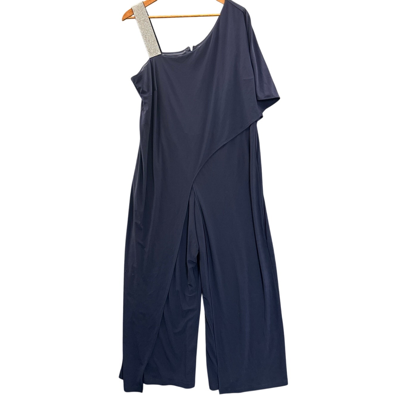 R&M Richards Navy Blue Rhinestone Tiered Asymmetrical Formal Pantsuit Women 18W