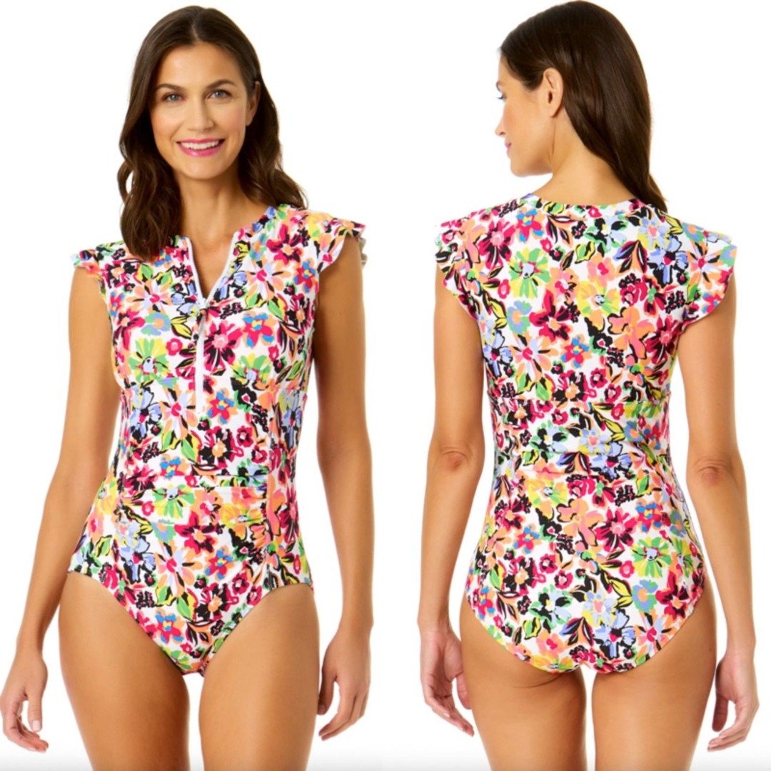 NWT Anne Cole Flutter Sleeve Zip Up Rash Guard One Piece Swimsuit Sz 12 Floral