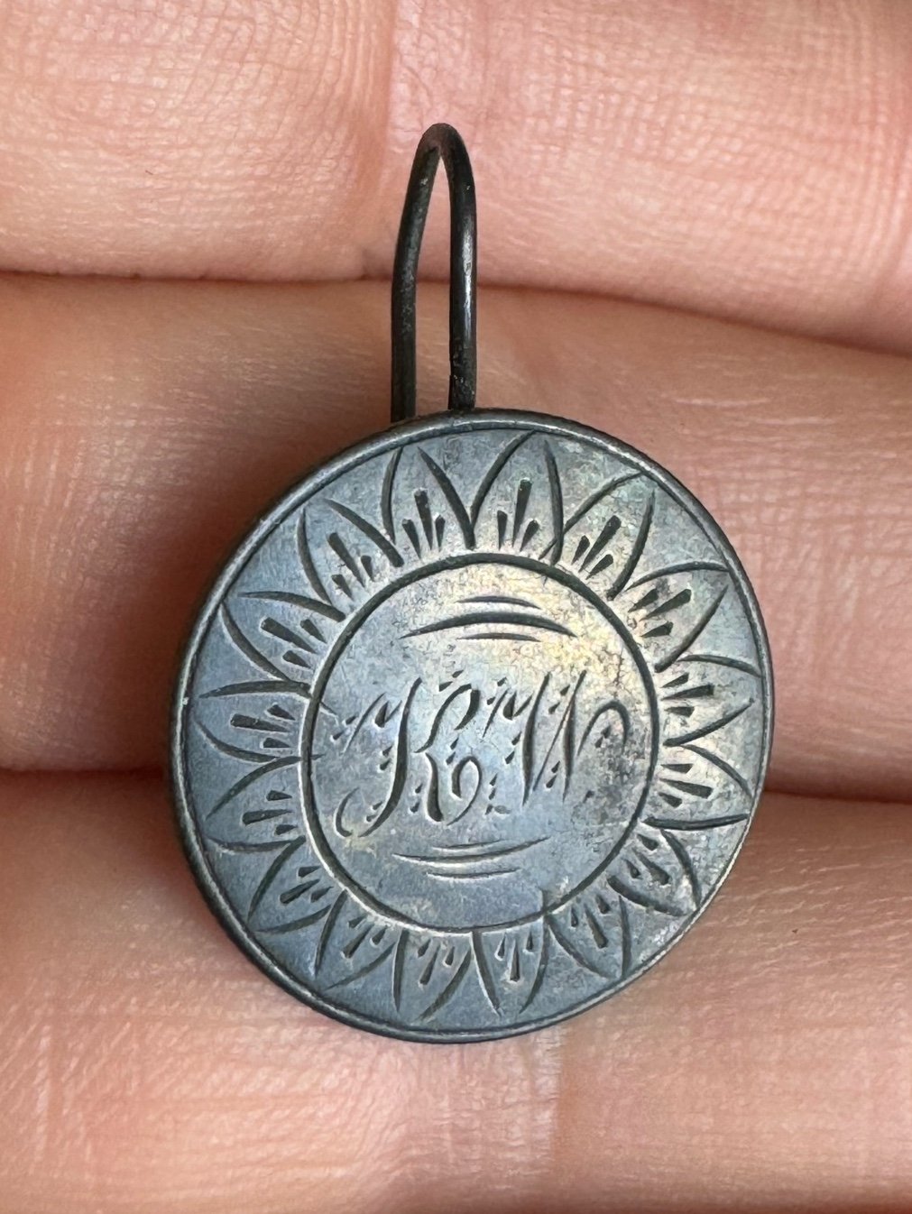 Antique 1857 Liberty Seated Silver Half Dime Pin Engraved Initials K.W. or K.H.?