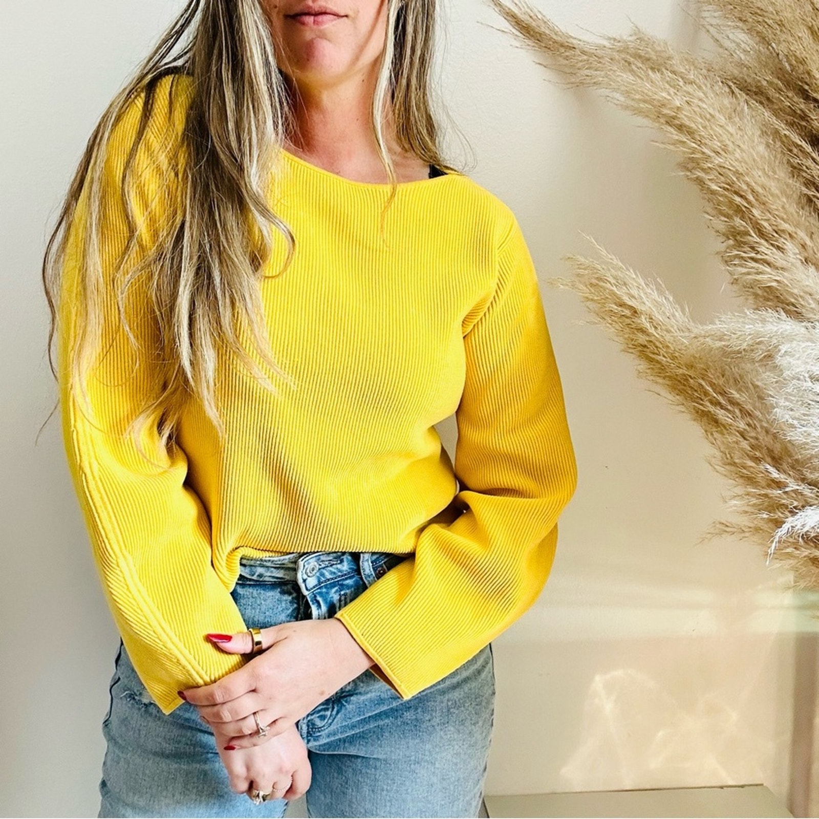 LK BENNETT Gold Yellow Ribbed Knit Boxy Chunky Cropped Crop Pullover Sweater M
