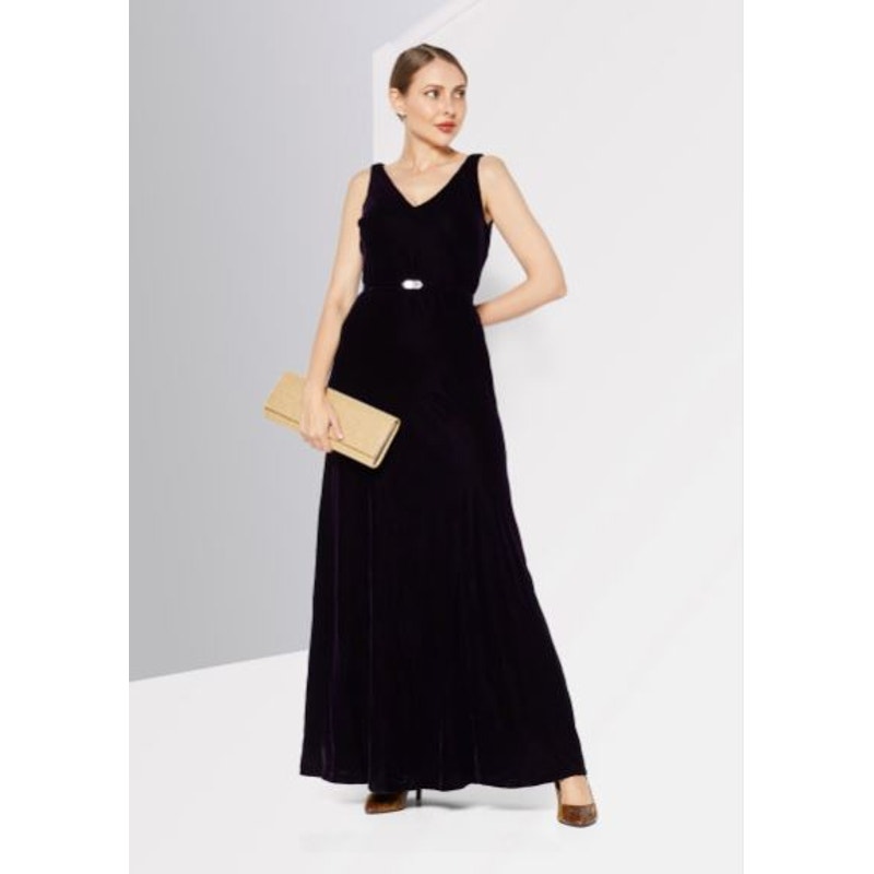 Lauren Ralph Lauren Velvet Maxi Dress 2 Dark Purple Belted V Neck Sleeveless NWT