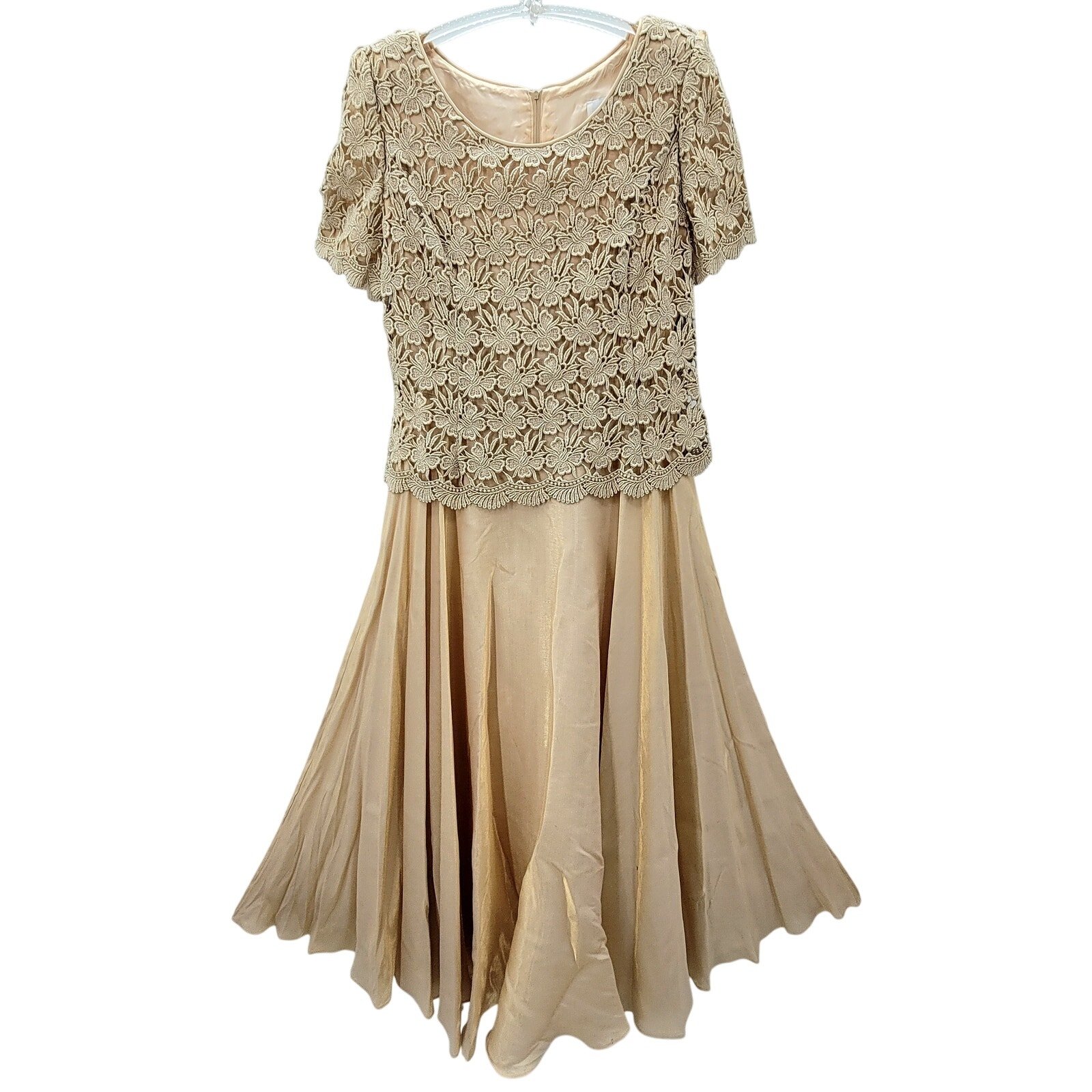 Michaelangelo Pink Iridescent Chiffon Lace Formal Short Sleeve Fit n Flare Dress