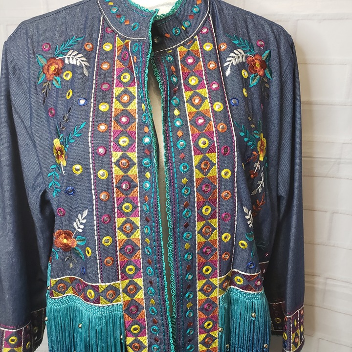 Beautiful Indigo Moon Western Floral Denim Jean Jacket womens XL with Fringe