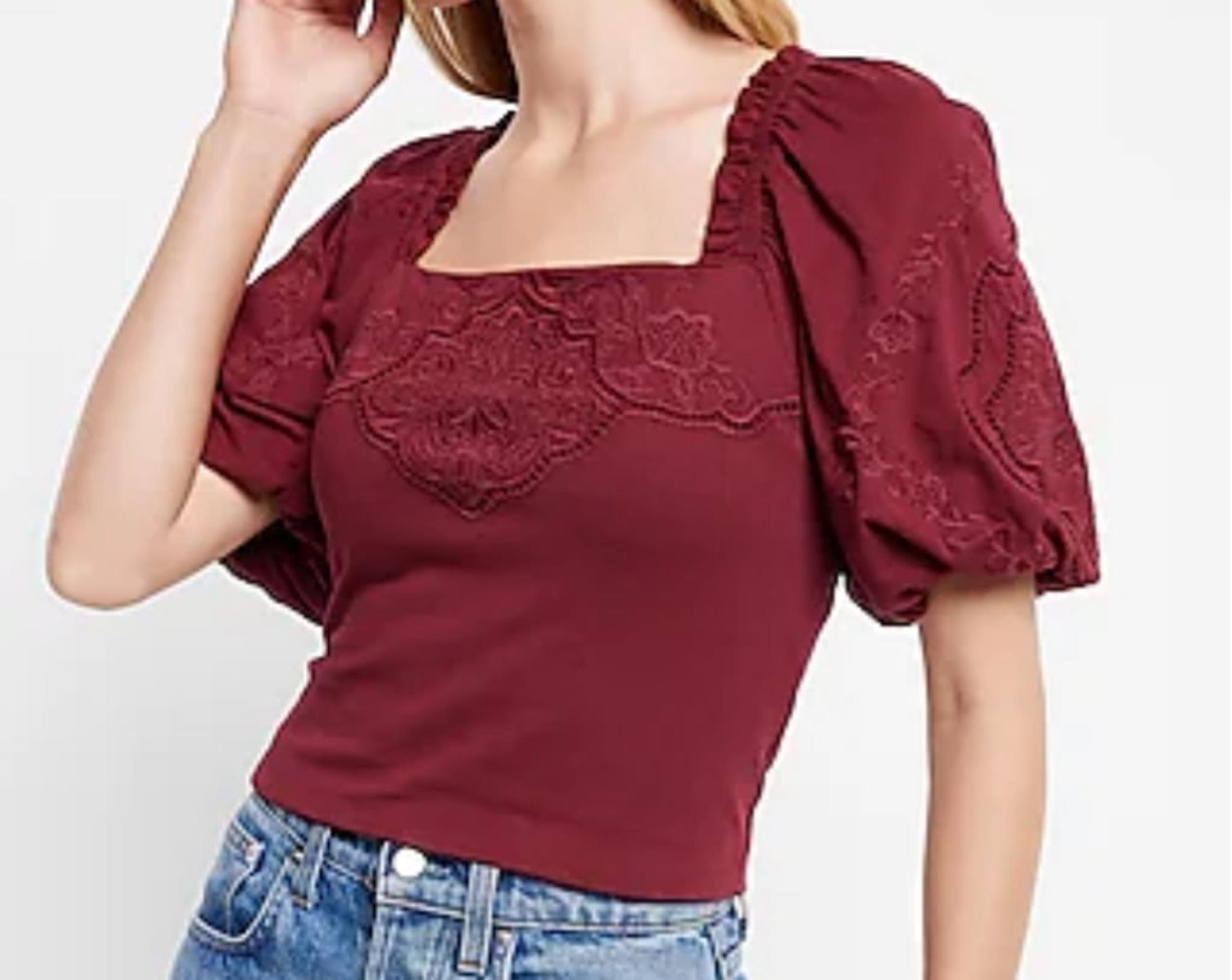 EXPRESS EMBROIDERED SQUARE NECK PUFF SLEEVE TOP