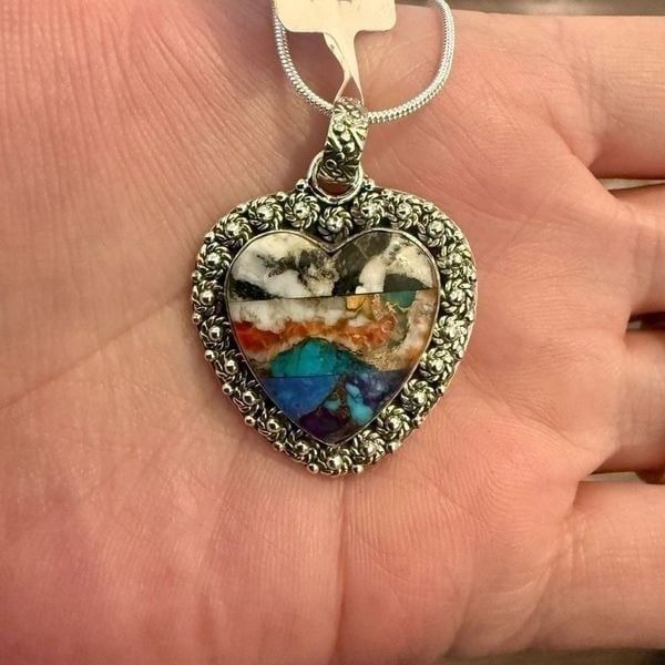 Southwestern Multi Turquoise Large Large Heart Pendant Necklace Floral Sterling