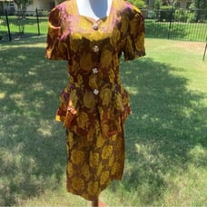Vintage NONA Fashion USA Shimmer Gold Floral 2 Piece Jkt Ruffles Midi SZ M