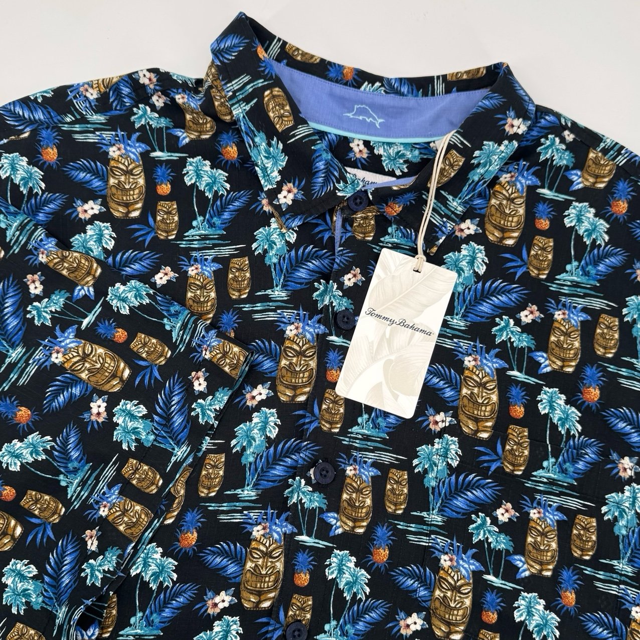 Tommy Bahama Men's 2XLB Silk Camp Shirt Tiki Tropics Short Sleeve Blue Black NWT