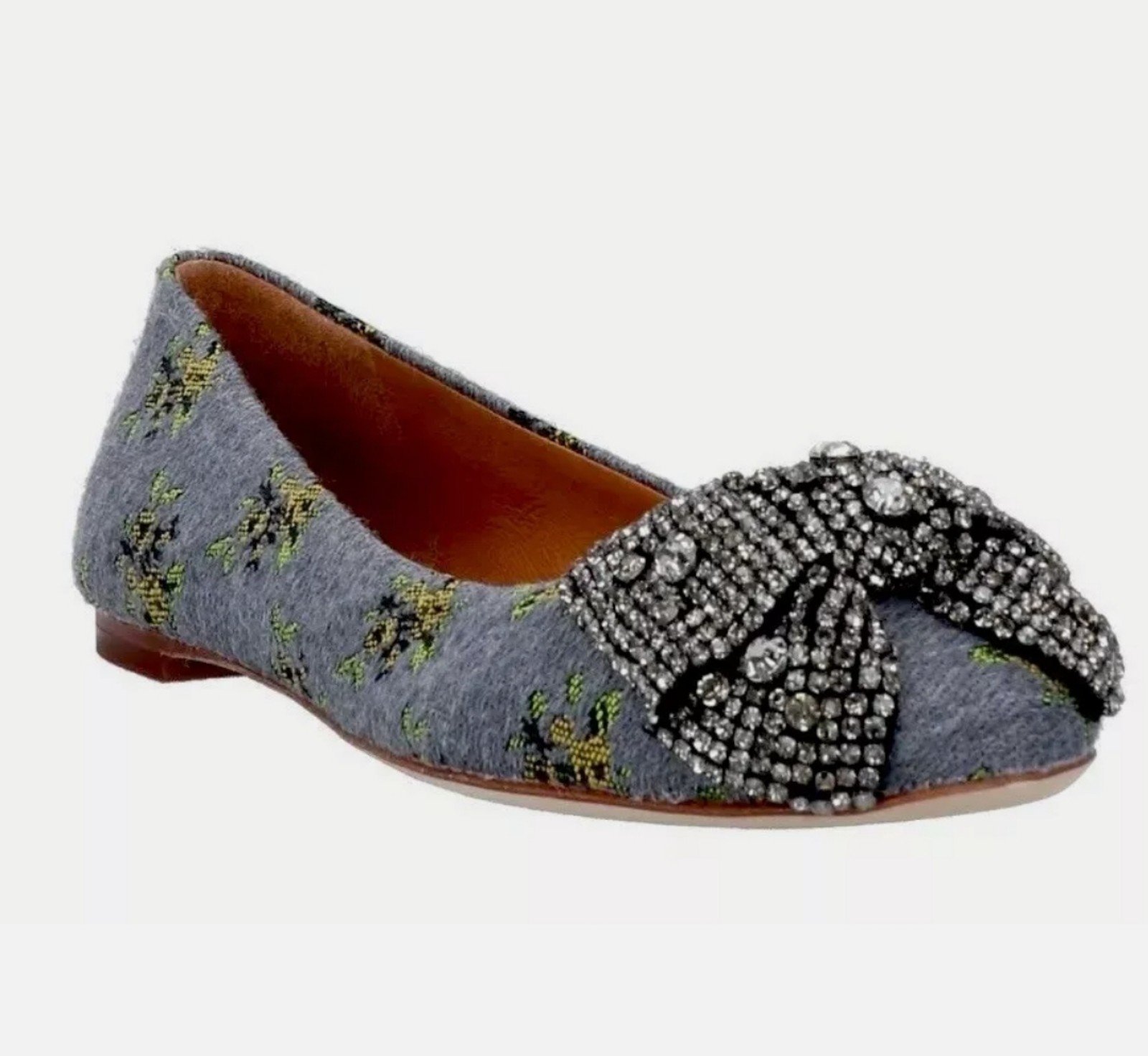TORY BURCH CRYSTAL BOW FLORAL JACQUARD EMBROIDERY BALLET FLAT GREY WOOL SZ 6