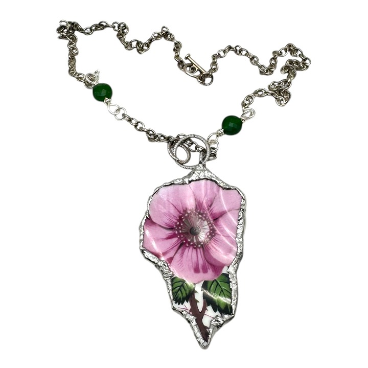 Broken China Pendant Necklace With Pink Floral Design & Green Aventurine Beads