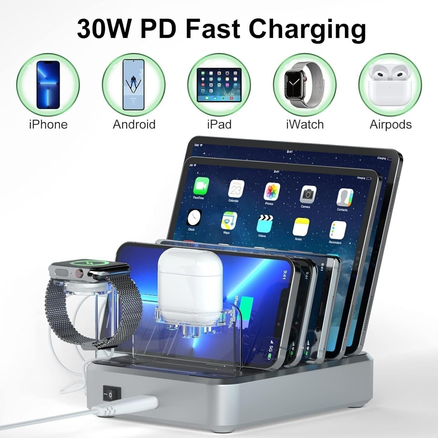 Charging Station for Multiple Devices Apple - 100W 6 Port Charger Station